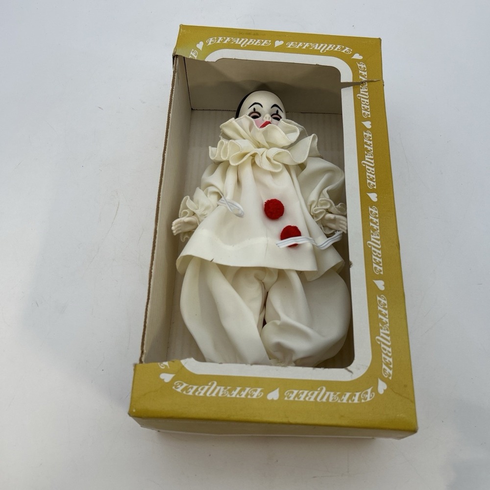 VINTAGE EFFANBEE'S PIERROT COLLECTION CLOWN DOLL WHITE / RED POM POMS 11''